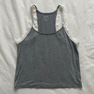 aerie Grey and White Floral Lace Trim Pajama Tank Top